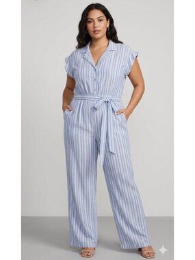 Blue rain Women’s Jumpsuit Blue & White Button-Up  Belted Waist Cap Sleeves Sz L
